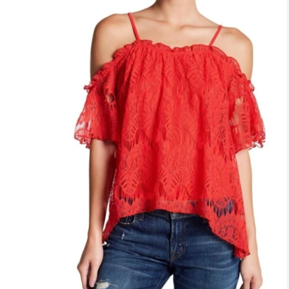 LOVE, FIRE Red Cold Shoulder Lace Ruffle Spaghetti Strap Short Sleeve Top M